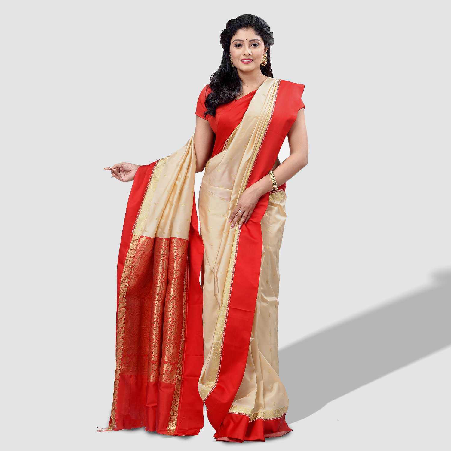 DESH BIDESH Women's Bengal Garad Silk Traditional Saree with Fine Smooth All Over Work and Blouse Piece (Off-White and Red)